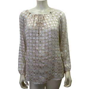 White House Black Market Sheer Beige Polka Dot Long‎ Sleeve Blouse Tie Neck Size